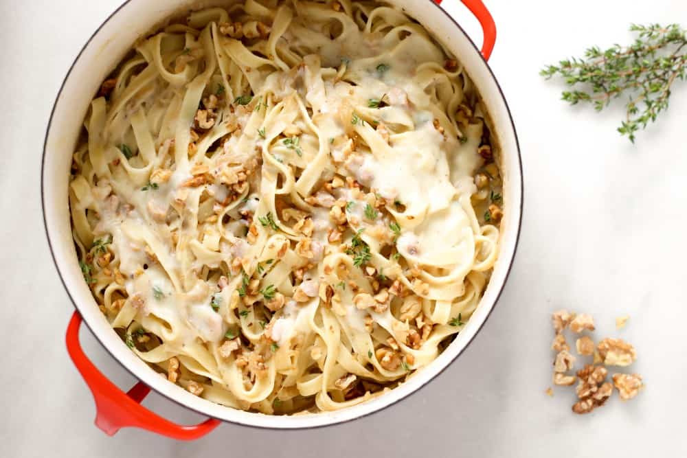 Creamy Cauliflower Fettuccini with Walnuts and Caramelized Onions