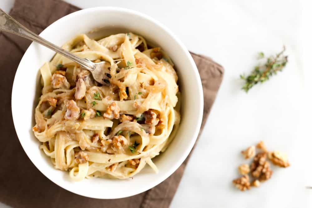 Creamy Cauliflower Fettuccini with Walnuts and Caramelized Onions