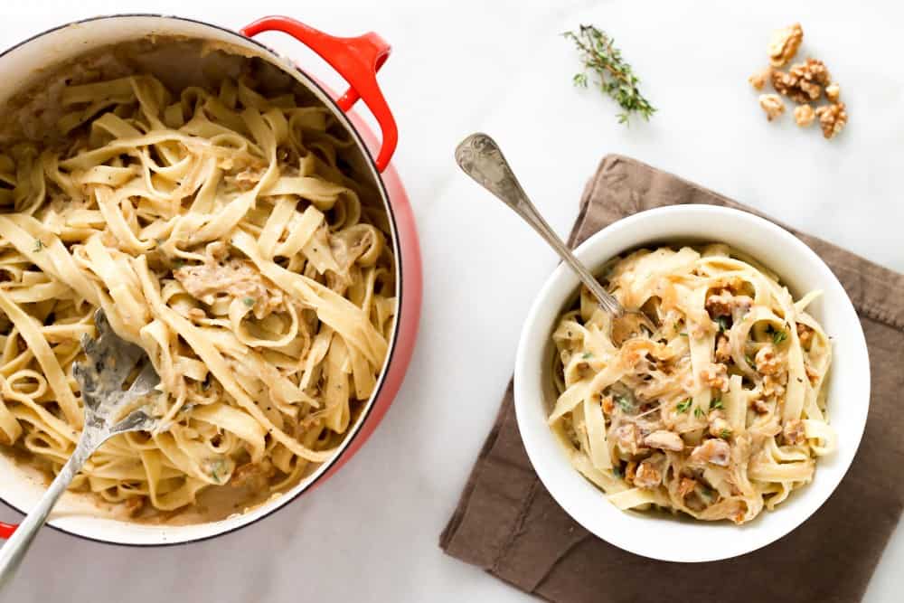 Creamy Cauliflower Fettuccini with Walnuts and Caramelized Onions